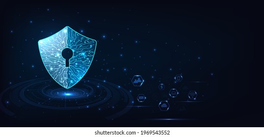  Cyber attack protection privacy concept. Security shield icon digital display over on dark blue background.Data protection, privacy, and internet security concept.