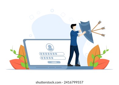 Cyber attack protection, strong businessman holding a shield to protect from a big arrow attacking his computer, protecting from internet hackers, computer security system or privacy firewall concept.