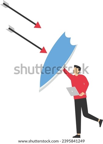 Cyber attack protection, strong businessman holding shield to protect from big arrow to attack his computer, protecting from internet hackers, computer security system or privacy firewall concept.


