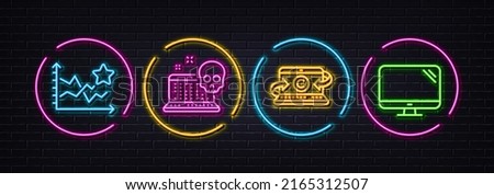 Cyber attack, Ranking stars and Copywriting notebook minimal line icons. Neon laser 3d lights. Computer icons. For web, application, printing. Computer hacking, Winner results, Writer laptop. Vector