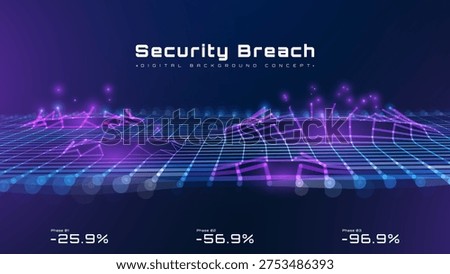 Cyber attack and security breach concept. Futuristic technology network with destroyed glowing grid, malware danger and neon mesh wave error. Vector illustration.