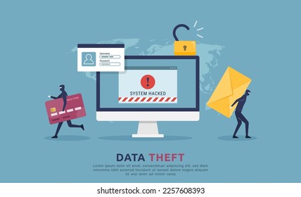 Cyber attack security and data theft activity concept,  confidential or financial information stealing from computer with warning message alert, phishing activity on internet access