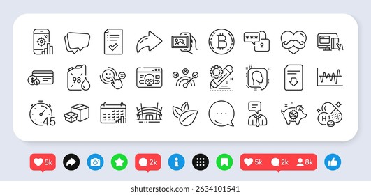 Ataque cibernético, teléfono Seo y paquete de iconos de línea principal. Redes sociales: compartir, comentar, dar me gusta a los iconos. Burbuja de voz, satisfacción del Cliente, ícono de Web de edición de proyecto. Vector
