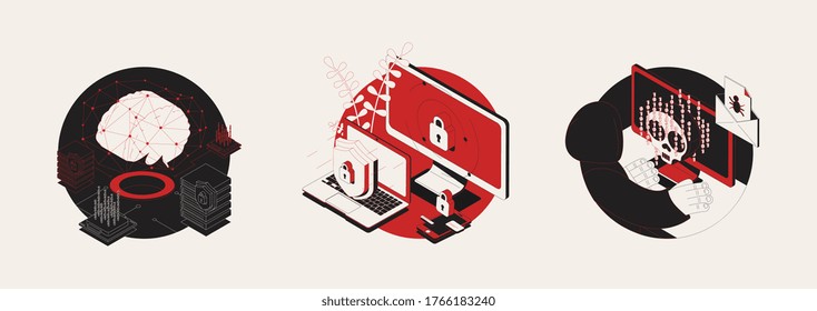 Cyber attack set of three isolated round compositions with isometric images of computer threats and viruses vector illustration