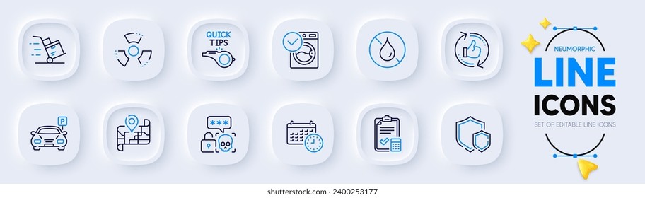 Cyber attack, Shields and Tutorials line icons for web app. Pack of Calendar, Refresh like, Map pictogram icons. No waterproof, Delivery cart, Accounting checklist signs. Washing machine. Vector