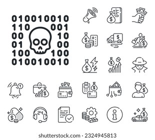 Cyber attack sign. Cash money, loan and mortgage outline icons. Binary code line icon. Ransomware threat symbol. Binary code line sign. Credit card, crypto wallet icon. Inflation, job salary. Vector