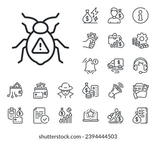 Cyber attack sign. Cash money, loan and mortgage outline icons. Software bug line icon. Computer virus symbol. Software bug line sign. Credit card, crypto wallet icon. Inflation, job salary. Vector