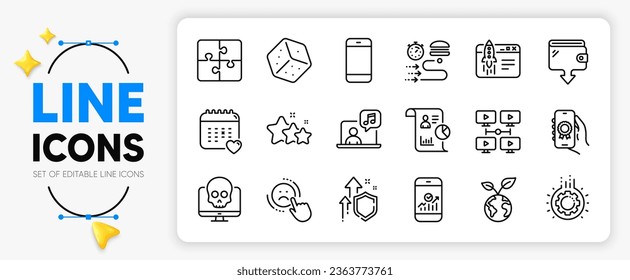 Cyber attack, Smartphone and Report line icons set for app include Smartphone statistics, Dice, Healthcare calendar outline thin icon. Gear, Dislike, Food delivery pictogram icon. Vector