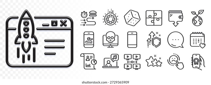 Cyber-Angriff, Smartphone und Report line-Symbole für Web-App. Blendung des Lichteffekts. Nachrichtensymbol. Piktogramm-Symbole für Smartphone-Statistiken, Würfel, Gesundheitskalender. Vektorgrafik