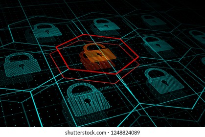 Cyber attack, system under threat, DDoS attack. Camera flies frough HUD blue hexagons and padlocks, but one of them hacked. Cyber security and hacking concept. Vector illustration.