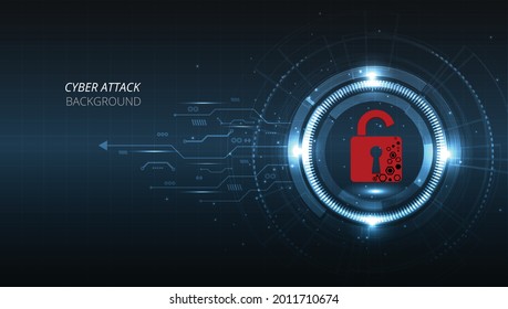 Cyber attack technology concept.Padlock red open on  dark blue background.Cyber attack and Information leak concept.Vector illustration.EPS 10.