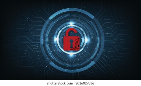 Cyber attack technology concept.Padlock red open on digital electric circuit circle backgroundCyber attack and Information leak concept.Vector illustration.EPS 10.