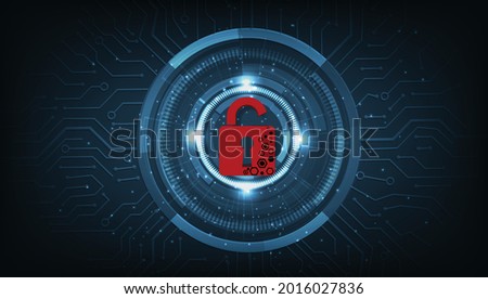 Cyber attack technology concept.Padlock red open on digital electric circuit circle backgroundCyber attack and Information leak concept.Vector illustration.EPS 10.
