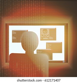 Cyber Attack with Unrecognizable Hacker Facing the Computer  - Vector Illustration