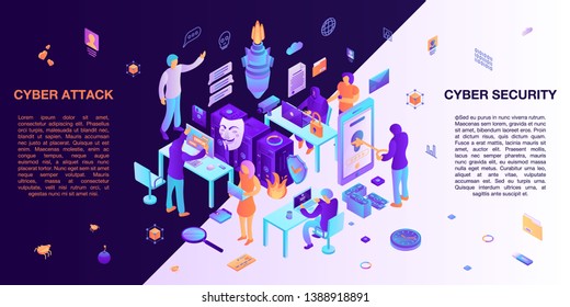 Cartel del concepto de virus de ataque cibernético. Isométrica ilustración del banner de concepto del vector del ciberataque para el diseño web