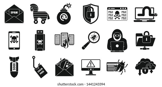 Cyber attack virus icons set. Simple set of cyber attack virus vector icons for web design on white background