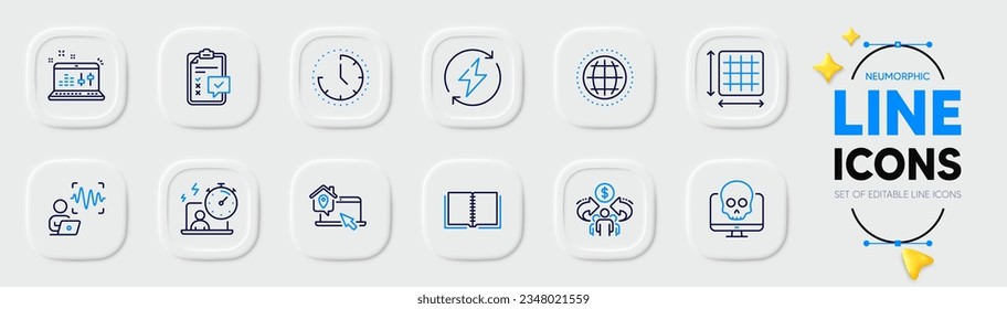 Ciberataque, ondas de voz e iconos de línea de tiempo para aplicación web. Paquete de iconos de pictograma de encendido renovable, Globe, Timer. Economía compartida, lista de verificación, carteles de libros. Área cuadrada, Control de sonido, Trabajo en casa. Vector