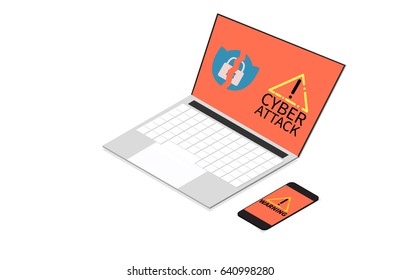 Cyber attack warning message on the smartphone and laptop screen. Vector illustration