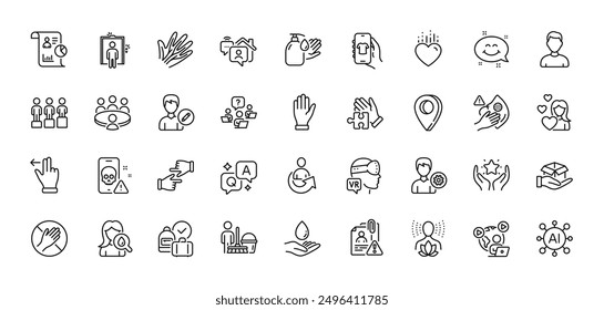 Cyber attack, Wash hands and Dont touch line icons pack. AI, Question and Answer, Map pin icons. Puzzle, Ranking, Touchscreen gesture web icon. Hand, Hold box, Equity pictogram. Vector