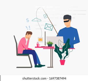 Cyber attacker hacking into email server. Scammer holding fishing tackle with hooked message of office worker. Cybercrime concept. Vector illustration can be used for scam attack, information security