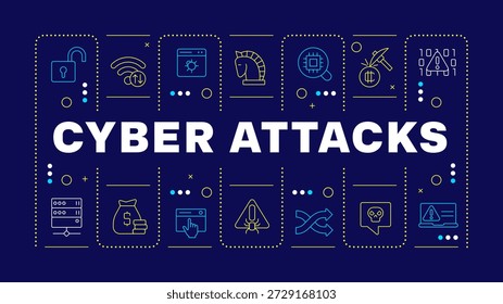 Ciberataques concepto de palabra azul. Ataque de phishing. Protección de datos. Vulnerabilidad de software. Imagen Horizontal del Vector. Texto del título rodeado de iconos de contorno editables