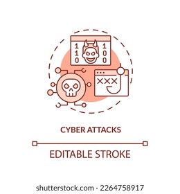 Cyber attacks red concept icon. Malicious software. Phishing. Disaster type abstract idea thin line illustration. Isolated outline drawing. Editable stroke. Arial, Myriad Pro-Bold fonts used