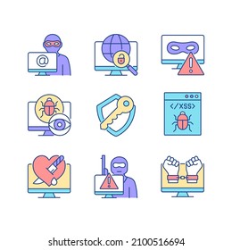 Ataques cibernéticos: los iconos de color RGB se establecen. Choque de red. Cibercrimen. Ciberseguridad. Spyware y rootkit. Ilustraciones vectoriales aisladas. Colección de planos de línea simple rellena. Trazo editable
