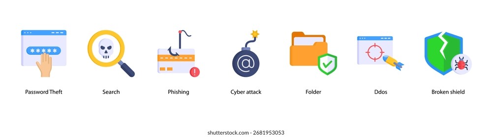 Cyber Attacks web banner icon vector illustration featuring Password Theft, Search, Phishing, Cyber Attack, Folder, DDoS, and Broken Shield.