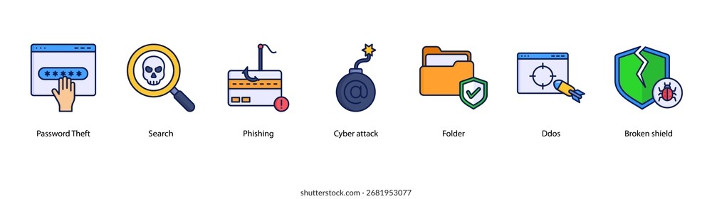 Cyber Attacks web banner icon vector illustration featuring Password Theft, Search, Phishing, Cyber Attack, Folder, DDoS, and Broken Shield.