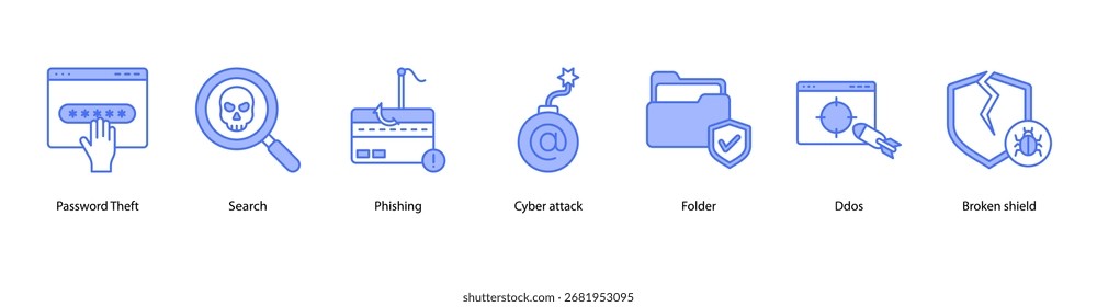 Cyber Attacks web banner icon vector illustration featuring Password Theft, Search, Phishing, Cyber Attack, Folder, DDoS, and Broken Shield.