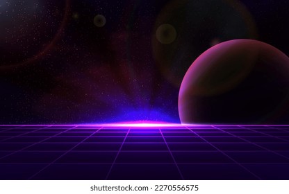 Cyber background with copy space, laser grid, dark background, blue and purple glows with starry sky and planet. Design for poster, cover, wallpaper, web, banner, etc.