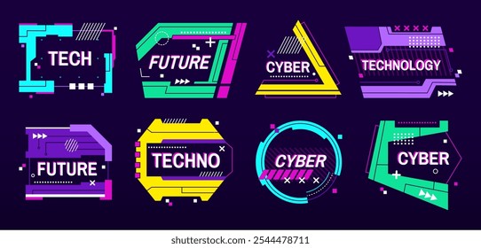 Cyber banner frames. Futuristic tech label and sci fi text box templates with glitchy digital frame for techno or gaming styled design. Geometric future themed layouts vector set.