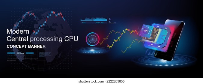 IT cyber banner. New generation computer processor with mobile phone on futuristic background. Innovative microchip. Processor with mobile phone. Advanced internet technologies