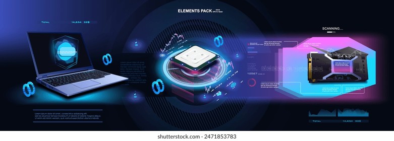 Cyber banner with powerful processor, video card and laptop. Concept banner with modern digital graphics and computer components on futuristic background. Modern computer technologies and developments