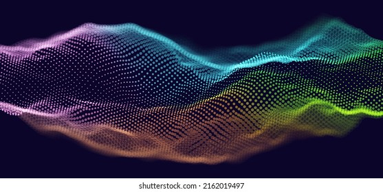 Cyber Big Data Flow. Audio Sound Design. Blockchain Backdrop. Network Particles Connect Stream. AI Technology, Data Art Communication, Science Research Concept. Vector Illustration.