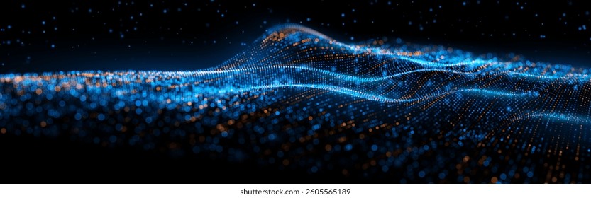 Cyber big data flow with bokeh particles showcases a digital neural network, embodying AI technology, machine learning, deep learning, and futuristic digital communication concepts.