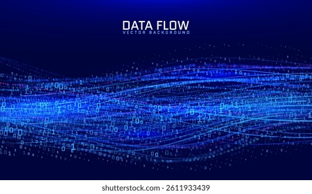 Cyber big data particles stream with trendy bokeh, AI neural network vector tech design.