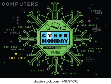 Cyber blue snowflake as chip or matrix on the black background. Cyber monday banner