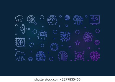 Cyber Brain and Artificial Intelligence concept thin line colorful banner. Vector AI horizontal illustration on dark background 