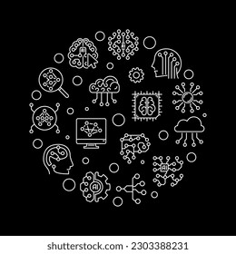 Cyber Brain and Artificial Intelligence outline round banner - AI vector concept illustration 