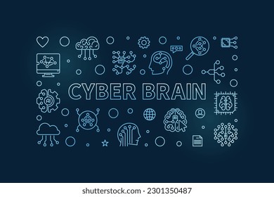 Cyber Brain concept vector horizontal simple outline blue banner or illustration on dark background