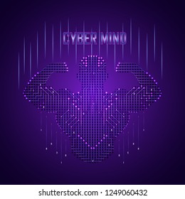 A cyber brain in the form of a strong person consists of a stream of data. Powerful artificial intelligence in the form of an athlete on a purple background.