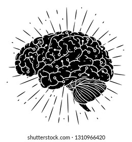 Cyber brain. Hand drawn vector illustration with brain and divergent rays. Used for poster, banner, web, t-shirt print, bag print, badges, flyer, logo design and more.
