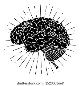 Cyber brain. Hand drawn vector illustration with brain and divergent rays.