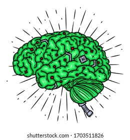 Cyber brain. Hand drawn vector illustration with brain and divergent rays. Used for poster, banner, web, t-shirt print, bag print, badges, flyer, logo design