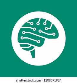 Cyber brain side view icon, AI symbol, electrical circuit board brains shape, green color vector illustration isolated on white background