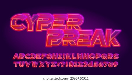 Cyber Break alphabet font. Retro futuristic neon letters and numbers. Stock vector typeface for your design.