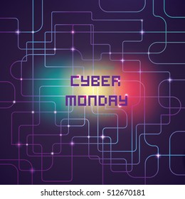 Cyber bright background, stylized board with semiconductors and light points.
