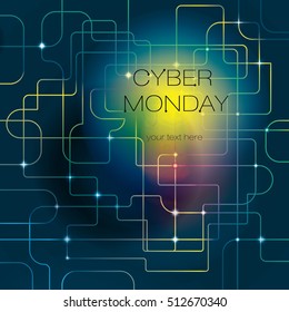 Cyber bright background, stylized board with semiconductors and light points.