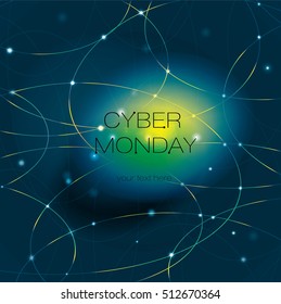 Cyber bright background, stylized board with semiconductors and light points.